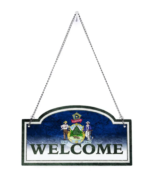 Maine welcomes you! Old metal sign isolated — Stock Photo, Image