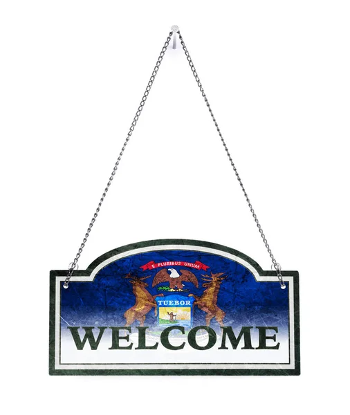 Michigan welcomes you! Old metal sign isolated — Stock Photo, Image