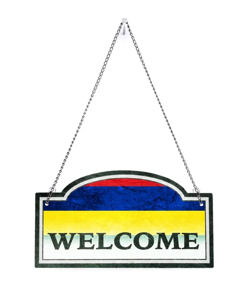 Mauritius welcomes you! Old metal sign isolated — Stock Photo, Image