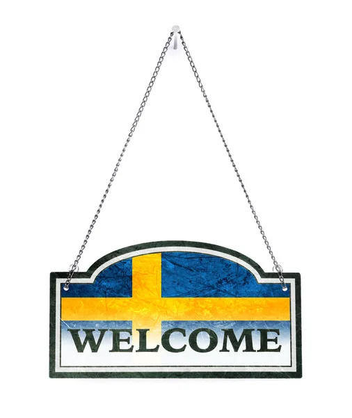 Sweden welcomes you! Old metal sign isolated — Stock Photo, Image