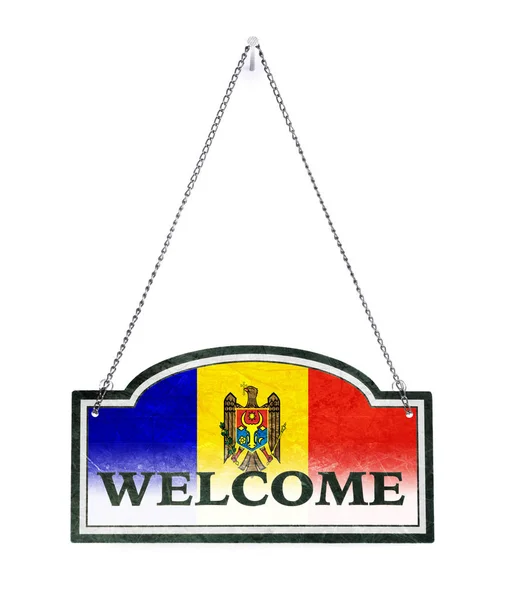 Moldavia le da la bienvenida! Cartel metálico antiguo aislado — Foto de Stock