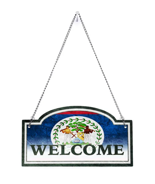 Belize wita! Stary metalowy znak na białym tle — Zdjęcie stockowe