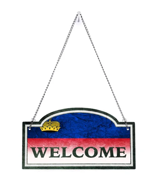 Liechtenstein welcomes you! Old metal sign isolated — Stock Photo, Image