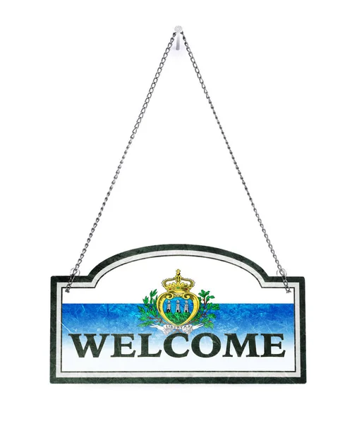 San Marino välkomnar dig! Gammalt belägga med metall undertecknar isolerat — Stockfoto