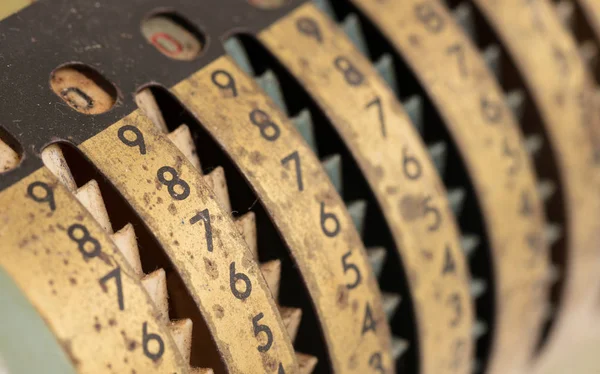 Vintage manual adding machine isolated, yellow — Stock Photo, Image