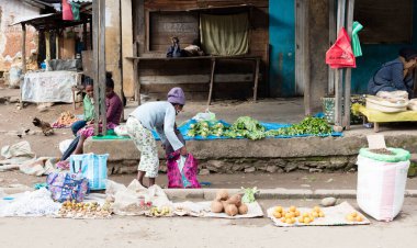 Ranomafana, Madagaskar 28 Temmuz 2019 - Yerel dükkanlarla tezgah sat