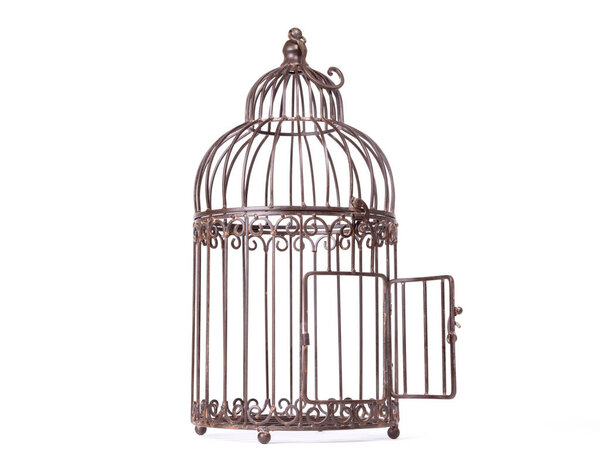 Empty birdcage on white background