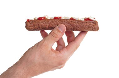 Bir tane ketçaplı frikadel, doğranmış soğanlı mayonez, Hollanda usulü fast food aperatifi 'frikadel spesiyali', Hollanda