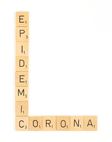 Epidemia Corona Letras Raspáveis Isolado Fundo Branco — Fotografia de Stock