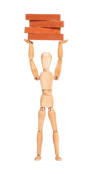 Wooden Mannequin Carrying Wooden Blocks Isolated White — Stock Photo, Image