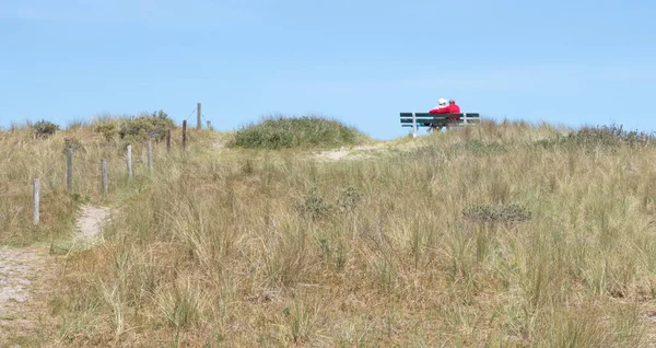 Back View Senior Couple Sitting Bench Dunes — Stock Photo, Image