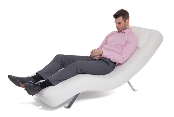 Homem Cliente Sentado Com Psicólogo Sofá Confortável Durante Sessão Psicológica — Fotografia de Stock