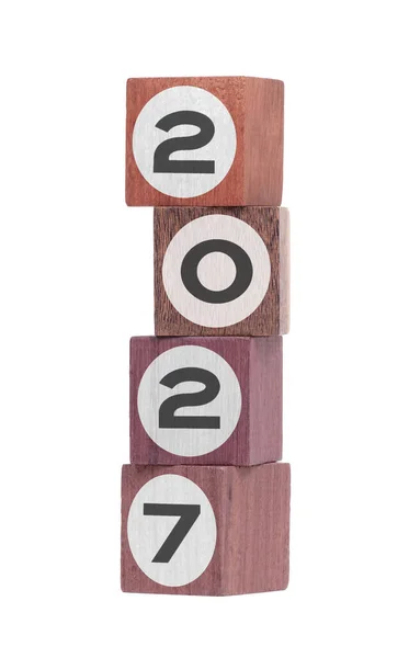 Vier Geïsoleerde Hardhouten Speelgoed Blokken Wit Zeggen 2027 — Stockfoto