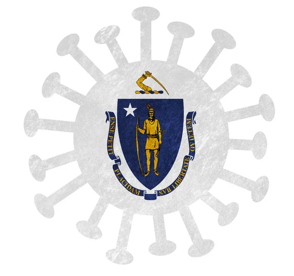 带有日冕病毒或细菌的马萨诸塞州州旗 在白色上分离 — 图库照片