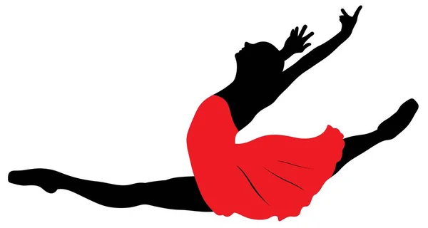 Donne Balletto Salto Silhouette Con Abito Rosso Vettore Illustrazione — Vettoriale Stock