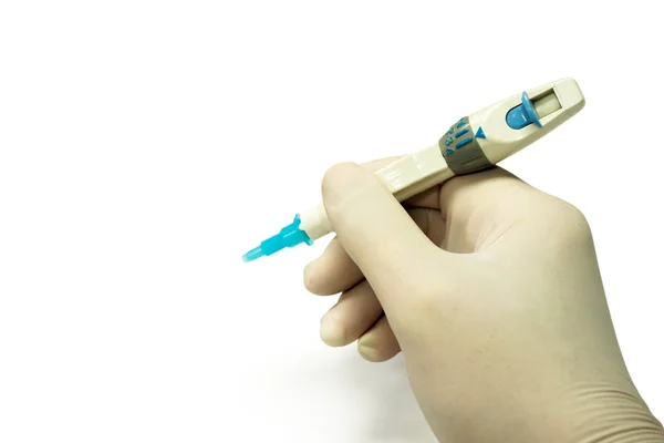 Closeup Hand Doctor White Medical Glove Holding Needle Pen Glucose — Stock Photo, Image