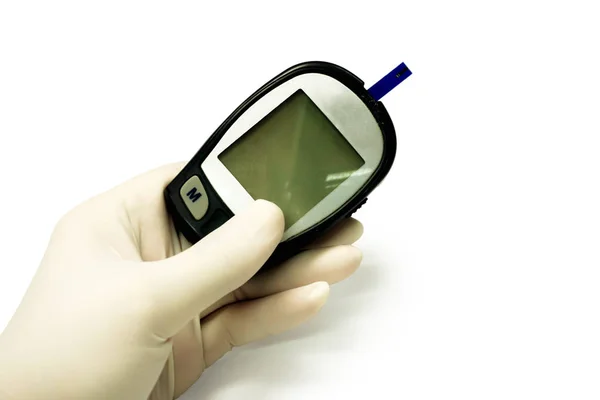 Hand Van Doctor Witte Medische Handschoen Holding Glucose Meter Met — Stockfoto