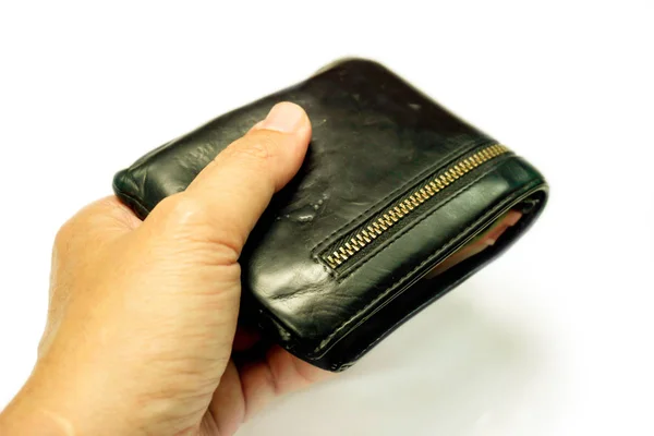 Closeup Hand Human Holding Black Men Leather Wallet Isolate White — Stock Photo, Image