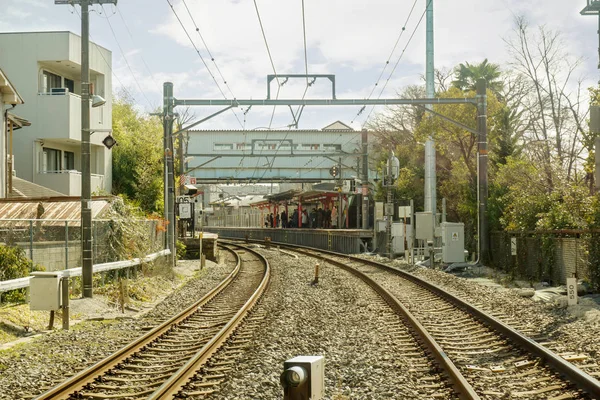 Ferrovie Ferroviarie Metallo Gres Paesaggio Urbano Sfondo Sfocato Sfocato Folla — Foto Stock