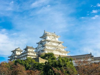 Kyoto, Japonya, 12 Kasım 2015: Himeji Kalesi cehennem ve parlak mavi gökyüzü arka plan altında doğal görünümünü. En güzel kale Japonya, olarak da bilinen Japon beyaz heron Kalesi Himeji Kalesi adlı.