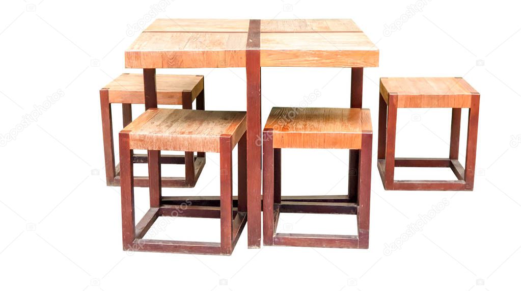 Design of wooden dining table and chairs isolate on white background.