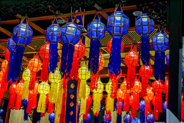 Close Look View Decorated Thai Lanna Style Lanterns Hang Hotel — стоковое фото