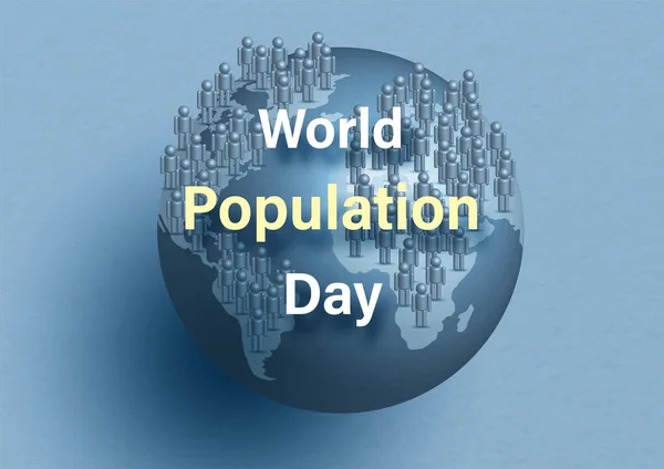 Wereld Bevolkingsdag Belettering Menigte Van Mensen Pictogram Stijl Met Blauwe — Stockvector