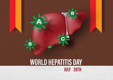 Kampanya kurdeleleri ve Dünya Hepatit Günü sloganıyla insan karaciğerindeki Hepatit virüsünün sembolü kahverengi ve beyaz kağıt desenli arka planda izole edildi. 