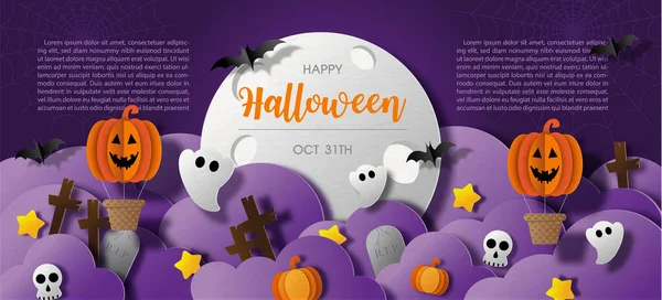Fiesta Fantasmas Lindos Halloween Una Escena Cementerio Con Nubes Violetas — Vector de stock