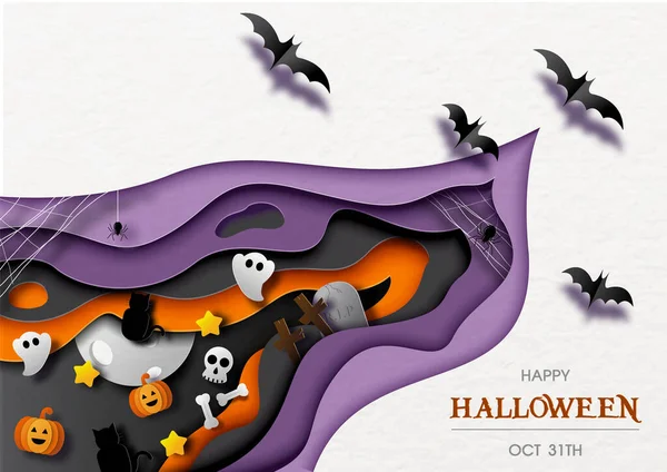 Objeto Símbolo Halloween Patrón Abstracto Estilo Corte Papel Con Murciélagos — Vector de stock