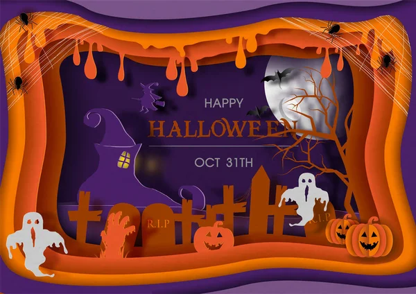 Ambiente Halloween Con Fantasmas Aterradores Calabazas Jack Lanterns Marco Fotos — Vector de stock