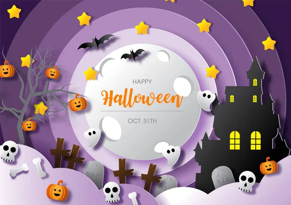 Nachtscène Silhouet Halloween Kasteel Met Happy Halloween Belettering Kerkhof Met — Stockvector