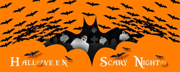 Halloween scary ghosts and graveyard in a giant bat made by masses of flying bats with "HALLOWEEN — Stock Illustration Halloween Scary Ghosts Graveyard Giant Bat Made Masses Flying Bats Stock Vector