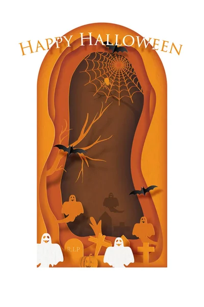 Halloween scary night atmosphere in a giant grave shape with Halloween orange color tone. Card and poster of Halloween day in a layer paper cut and vector design. — Stock Illustration Halloween Scary Night Atmosphere Giant Grave Shape Halloween Orange Color Royalty Free Stock Vectors