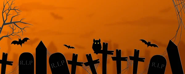 Closeup atmosphere of graveyard on Halloween scary day with orange color tone and space for texts. Card and poster of Halloween day in web banner and vector design. — Stock Illustration Closeup Atmosphere Graveyard Halloween Scary Day Orange Color Tone Space Vector Graphics