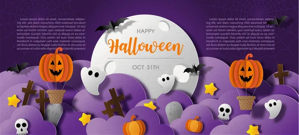 Halloween cute ghosts party in a graveyard scene with violet clouds and giant moon, example texts in paper cut style and web banner design on dark violet background. — Stock Illustration Halloween Cute Ghosts Party Graveyard Scene Violet Clouds Giant Moon Stock Illustration