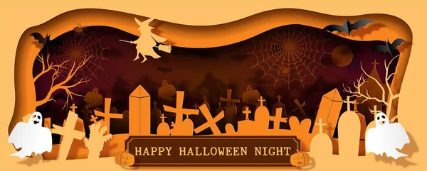Landscape view of Halloween scary night atmosphere with "HAPPY HALLOWEEN NIGHT" lettering on wooden banner in a hole shape and layer paper cut vector and web banner design. — Stock Illustration Landscape View Halloween Scary Night Atmosphere Happy Halloween Night Lettering Vector Graphics