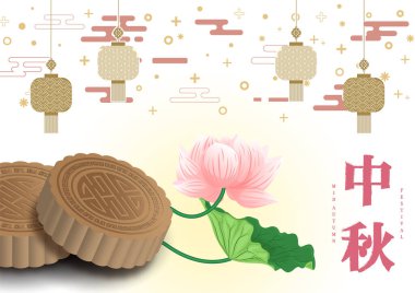 Güzel nilüfer çiçekleri ve Çin desenli Çin metinleri ve beyaz arka planda sonbahar festivali mektupları..