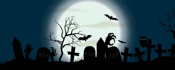 Kartka Życzeniami Plakat Czarna Sylwetka Cmentarzy Diabłów Ręce Halloween Dzień — Wektor stockowy