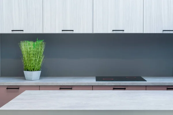 Moderne Keuken Interieur Met Meubels Bloemen Toonbank Voor Een Concept — Stockfoto