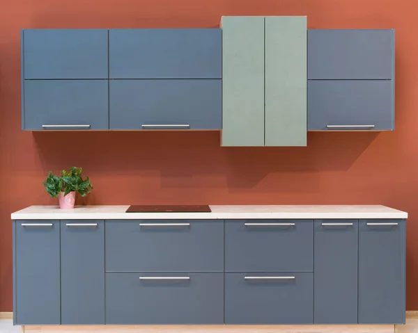 现代厨房室内 有家具和花卉在计数器上的概念设计 轻便的家庭背景 — 图库照片