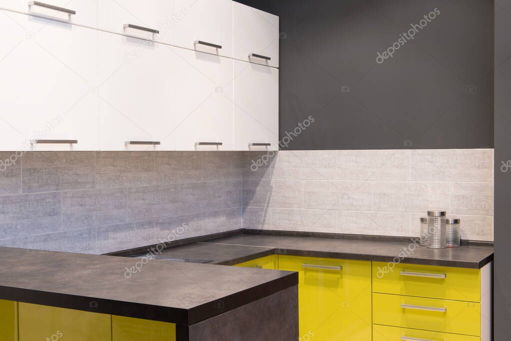 Modern kitchen room interior with furniture and counter for a concept design - light home background