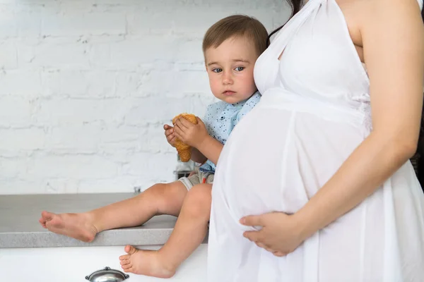 Happy Family Home Kitchen Pregnant Woman Baby Boy Eating Croissant — Stock Photo, Image