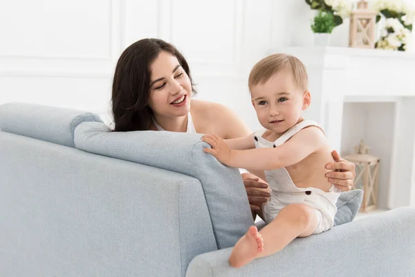 Happy Family Living Room Woman Baby Boy Communicating — Stock Photo, Image