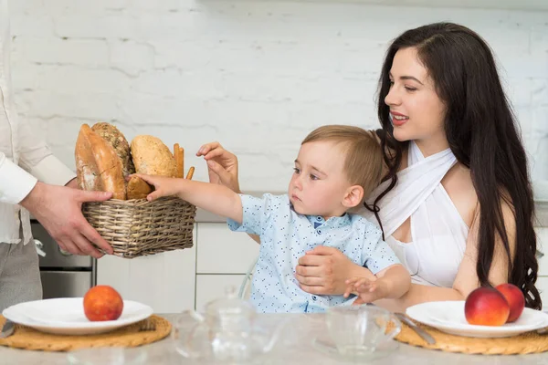 Happy Family Home Kitchen Woman Small Child Baby Takes Bread — Stock Photo, Image