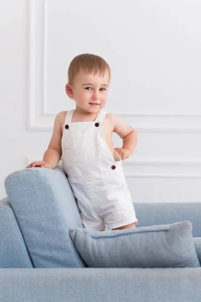 Portrait Little Smiling Boy Child Playing Sofa Living Room — Stock Photo, Image