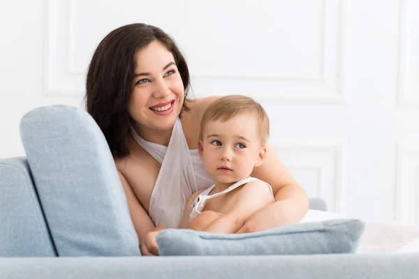 Happy Family Living Room Woman Baby Boy Communicating — Stock Photo, Image