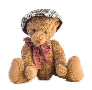 Beyaz bir arka plan üzerinde oturan bir oyuncak ayı