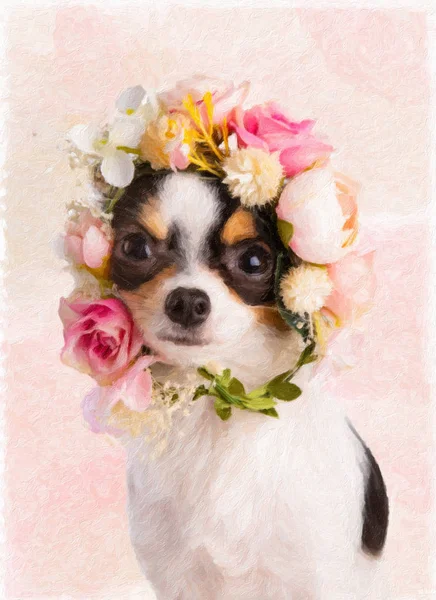 Lukisan Chihuahua Muda Dengan Karangan Bunga Putih Dan Merah Muda — Stok Foto