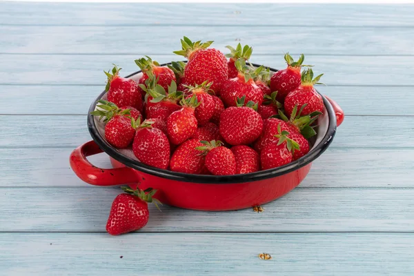 Fresas Viejo Plato Rojo Esmaltado Sobre Fondo Azul — Foto de Stock